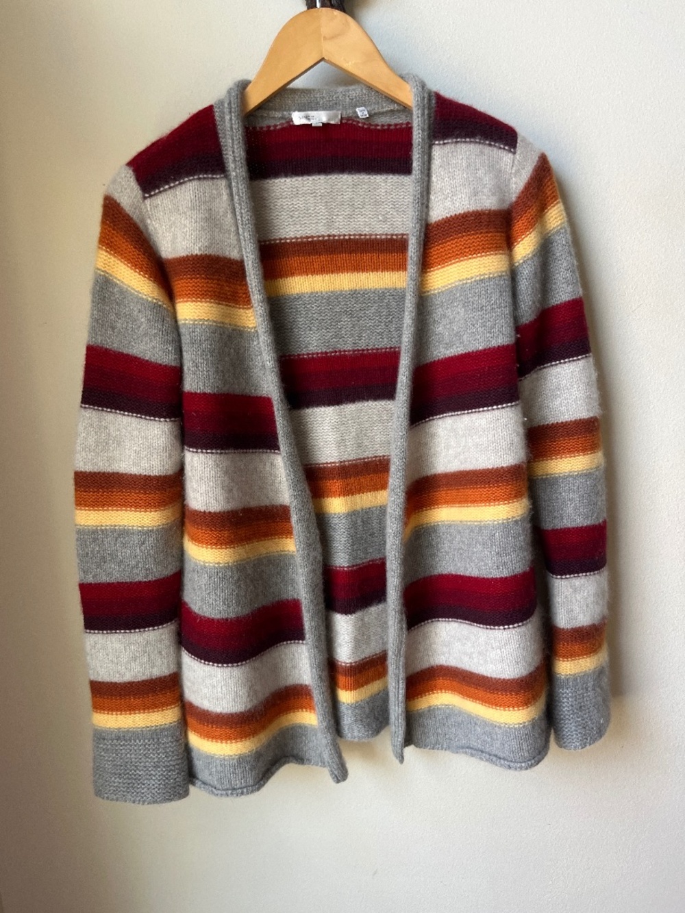 Gently used Vince 3-ply 100% cashmere striped open cardigan; medium